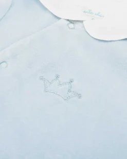 Tino Crown Peter Pan Collar Velour Sleepsuit - Blue