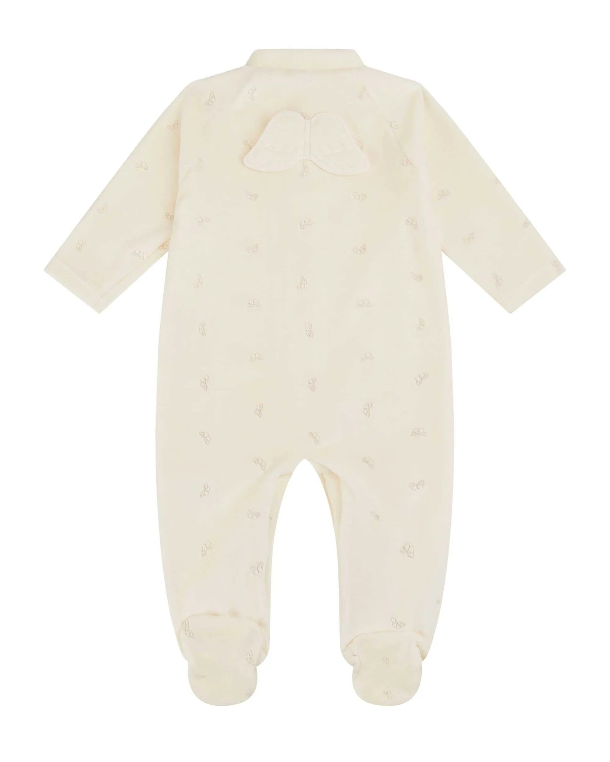 Velour Embroidered Angel Wing Sleepsuit - Cream